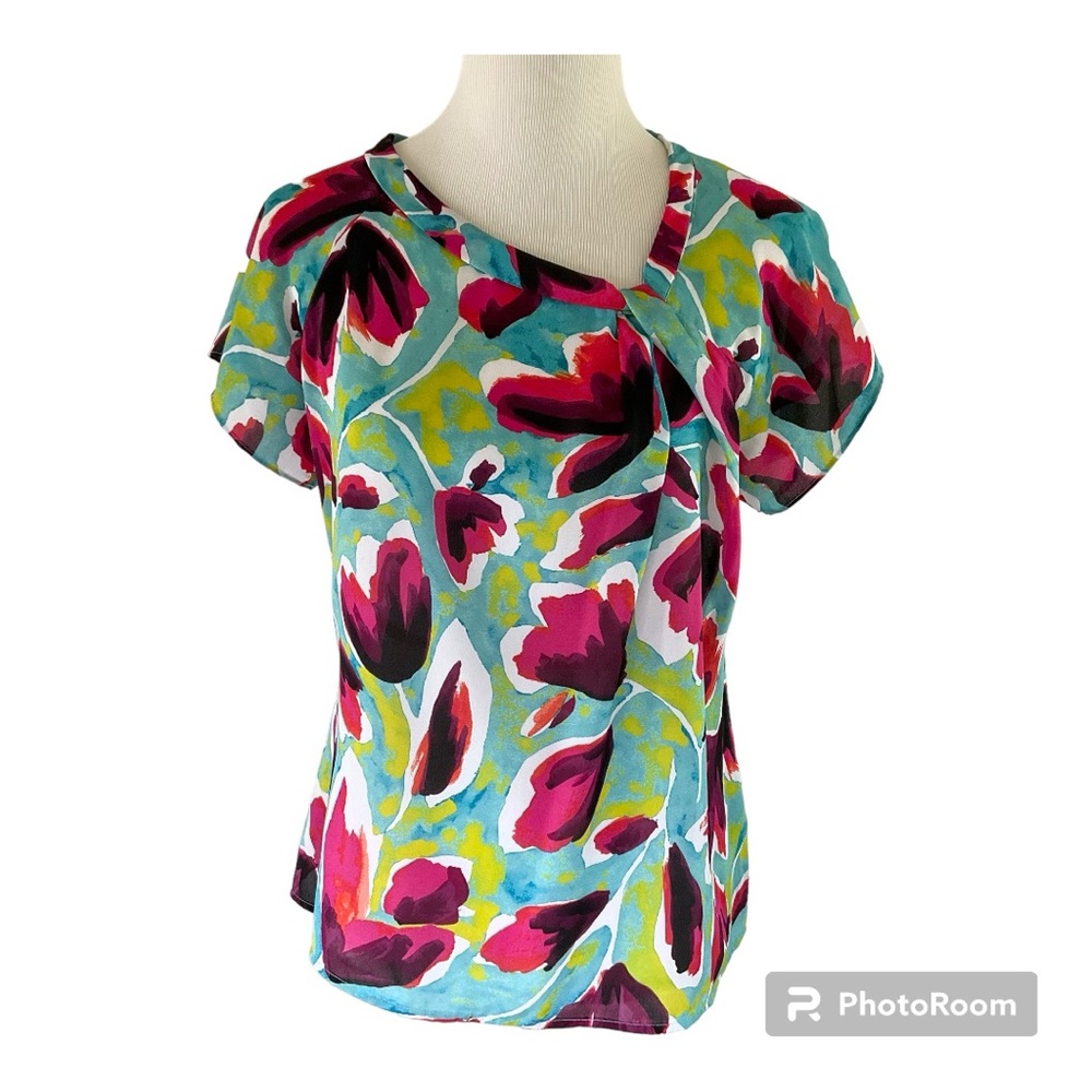 Liz Claiborne Bold Abstract Floral Top Short Sleeve Blue Fuchsia S